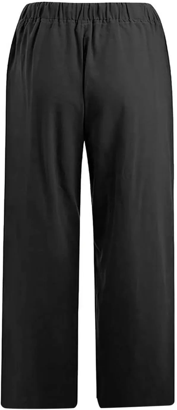 Linen Capri Pants for Women 2025 Casual Summer Pants Drawstring Elastic High Waist Capris Wide Leg Cropped Trousers