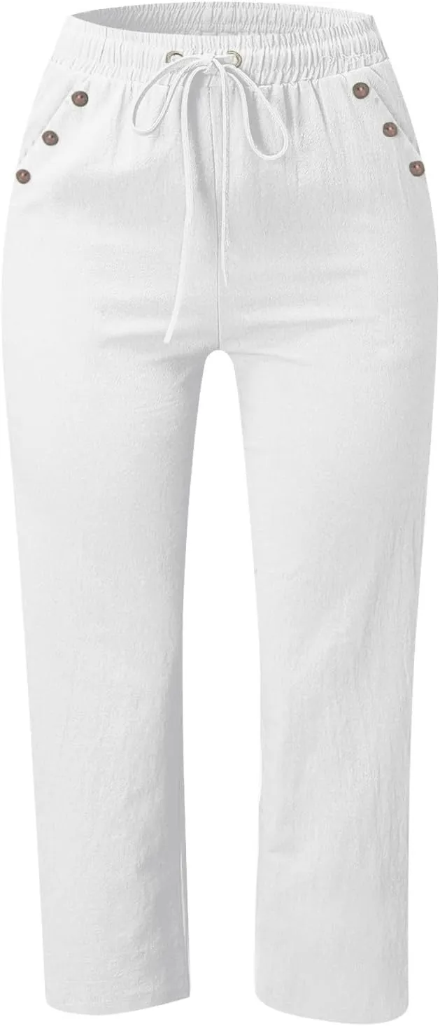 Linen Capri Pants for Women Casual 2025 Summer Drawstring Elastic High Waist Pant Straight Wide Leg Cropped Trouser
