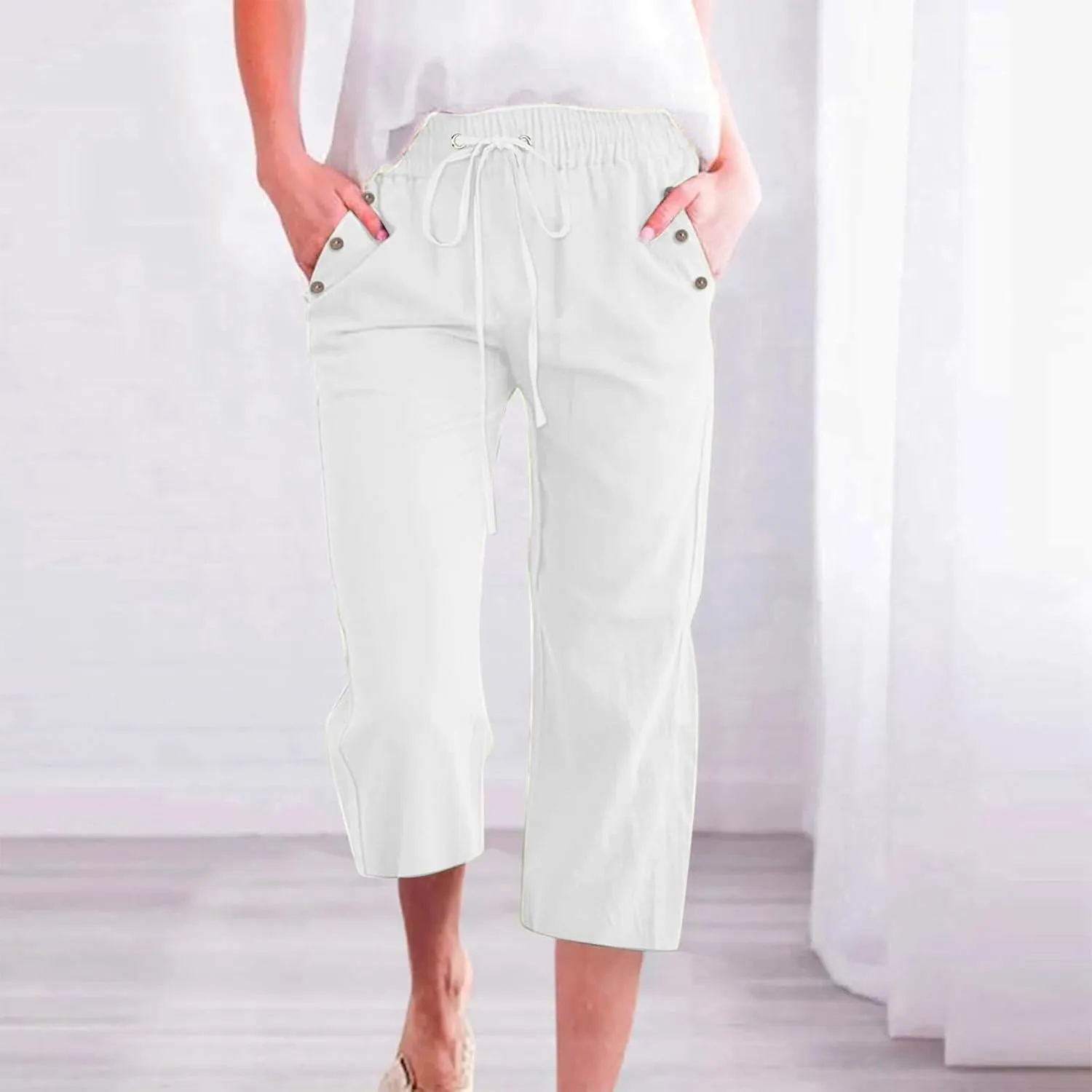 Linen Capri Pants for Women Casual 2025 Summer Drawstring Elastic High Waist Pant Straight Wide Leg Cropped Trouser