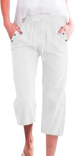 Linen Capri Pants for Women Casual 2025 Summer Drawstring Elastic High Waist Pant Straight Wide Leg Cropped Trouser