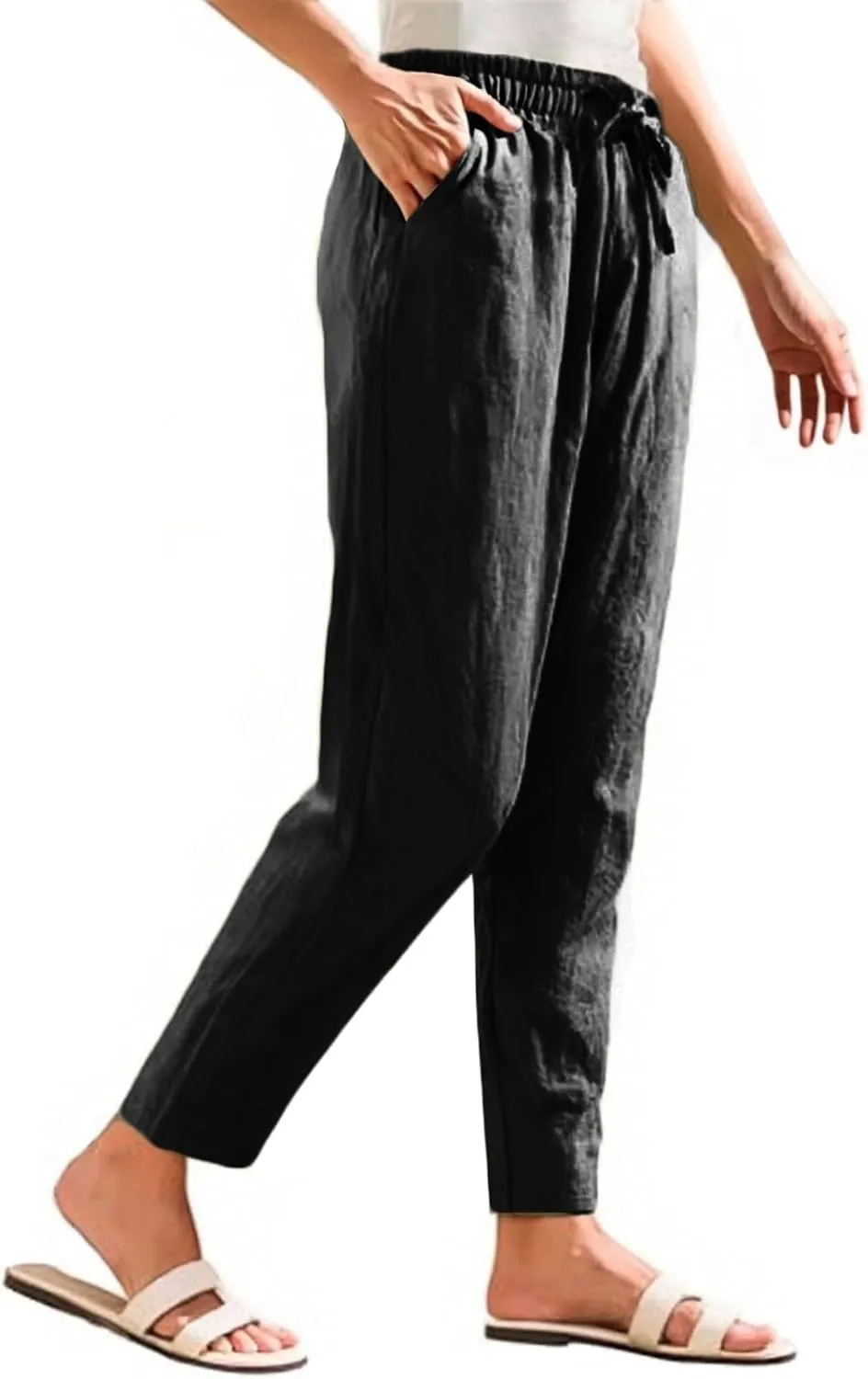 Linen Cropped Pants Women Straight Leg Elastic Waist Drawstring Casual Pants with Pockets 2025 Summer Beach Outfits