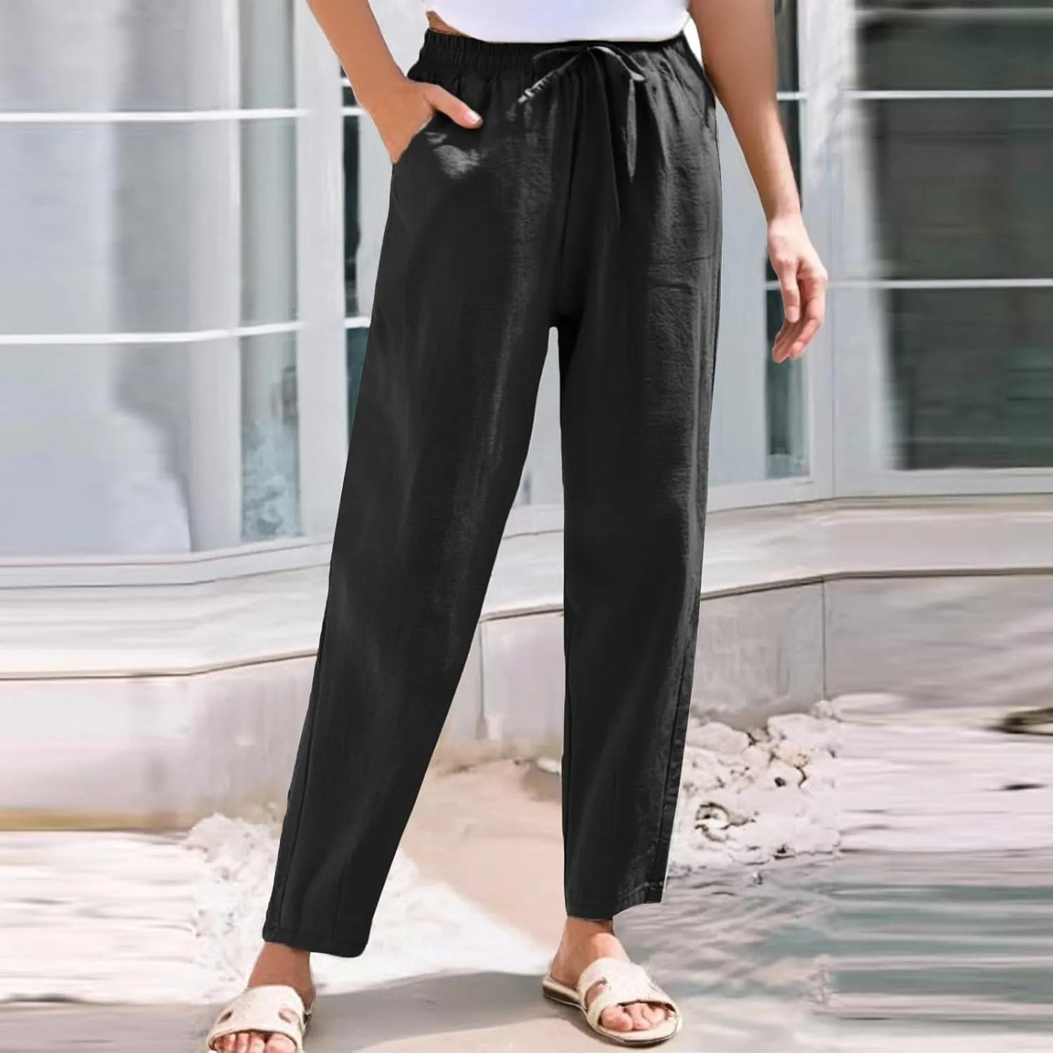 Linen Cropped Pants Women Straight Leg Elastic Waist Drawstring Casual Pants with Pockets 2025 Summer Beach Outfits