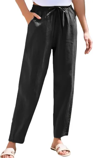 Linen Cropped Pants Women Straight Leg Elastic Waist Drawstring Casual Pants with Pockets 2025 Summer Beach Outfits