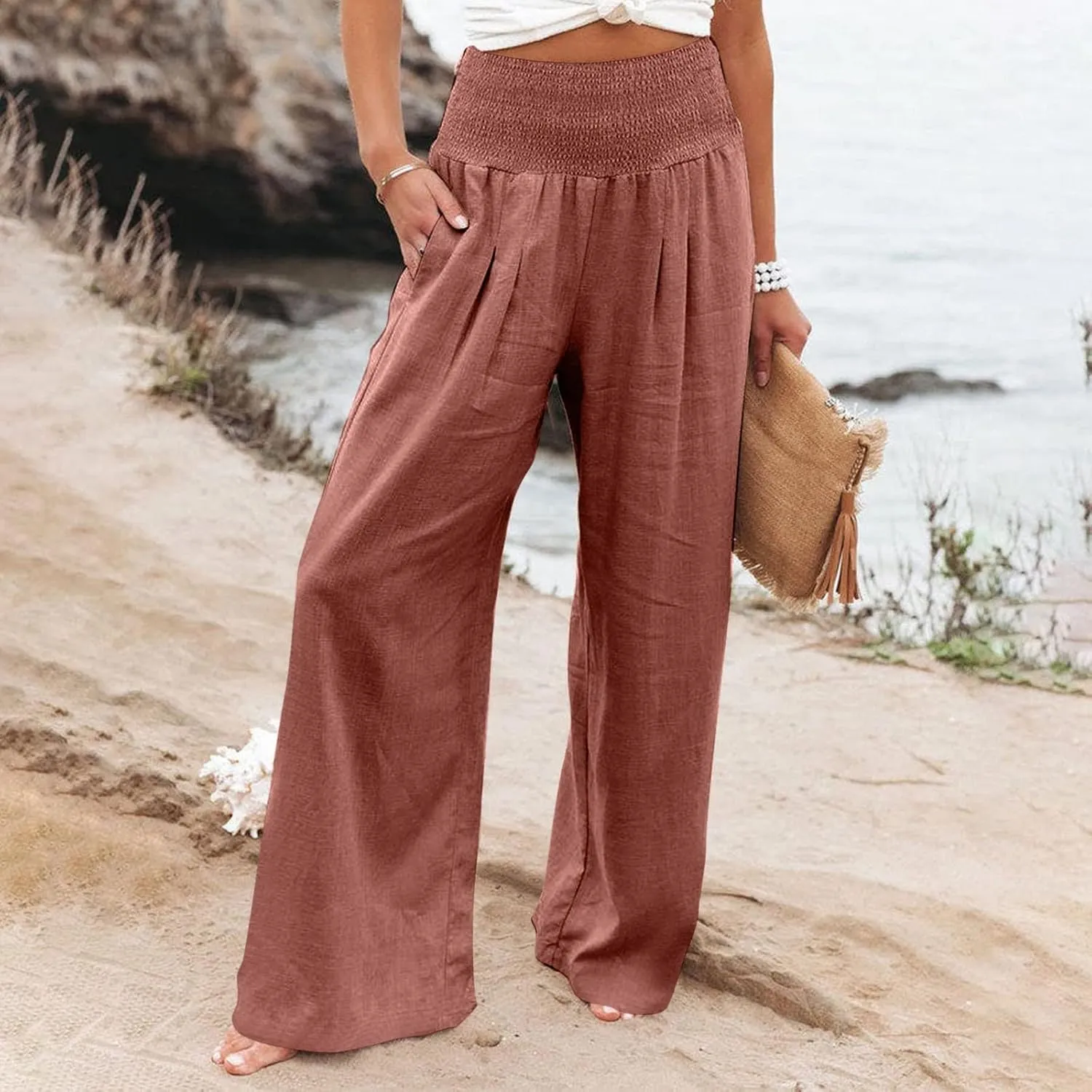 Linen Palazzo Pants Women Summer Boho Wide Leg High Waist Lounge Pant 2025 Casual Beach Vacation Outfits
