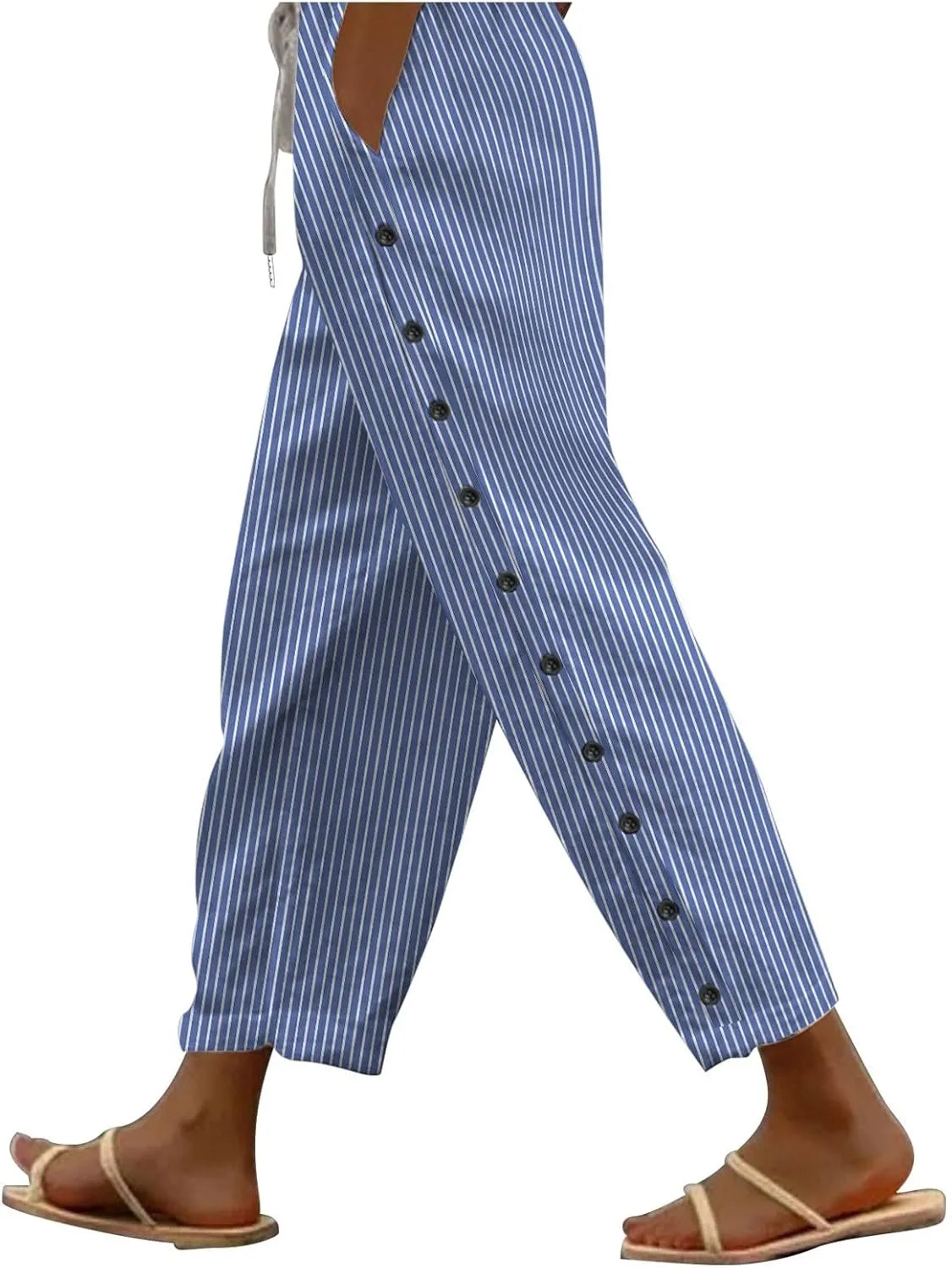 Linen Pants for Women 2025 Striped Drawstring Button Down Straight Wide Leg Trousers Casual Loose Baggy Ankle Pants