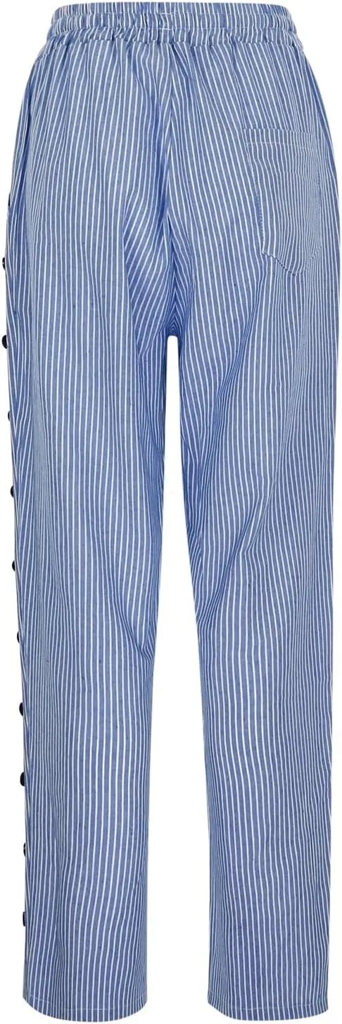 Linen Pants for Women 2025 Striped Drawstring Button Down Straight Wide Leg Trousers Casual Loose Baggy Ankle Pants