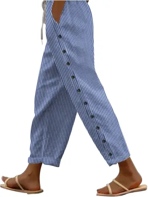 Linen Pants for Women 2025 Striped Drawstring Button Down Straight Wide Leg Trousers Casual Loose Baggy Ankle Pants