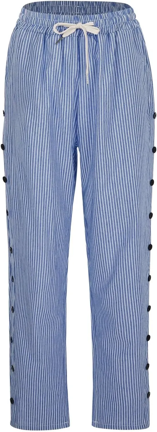 Linen Pants for Women 2025 Striped Drawstring Button Down Straight Wide Leg Trousers Casual Loose Baggy Ankle Pants