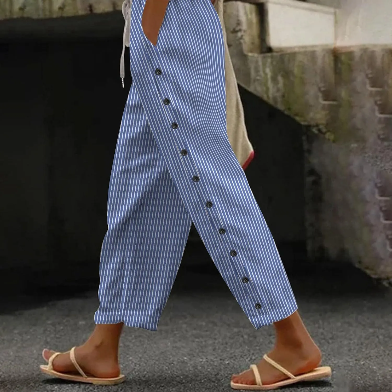 Linen Pants for Women 2025 Striped Drawstring Button Down Straight Wide Leg Trousers Casual Loose Baggy Ankle Pants
