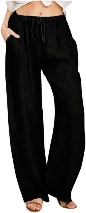 Linen Pants Women 2025 Summer Drawstring High Waist Wide Leg Trousers with Pockets Flowy Straight Vacation Outfits