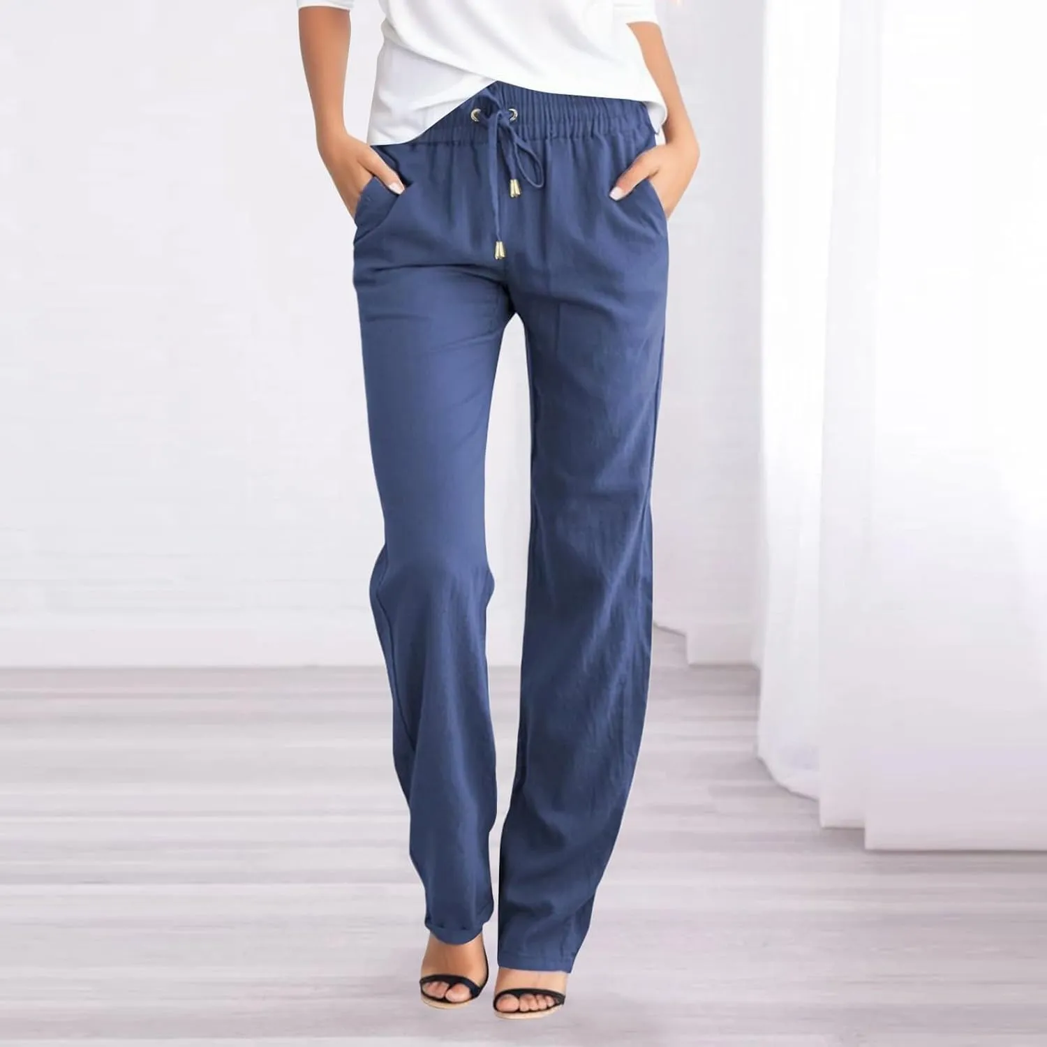 Linen Pants Women Casual Linen High Waist Pants Drawstring Loose Fit Summer Pants Trousers with Side Pockets