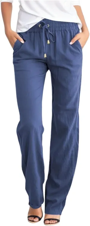 Linen Pants Women Casual Linen High Waist Pants Drawstring Loose Fit Summer Pants Trousers with Side Pockets
