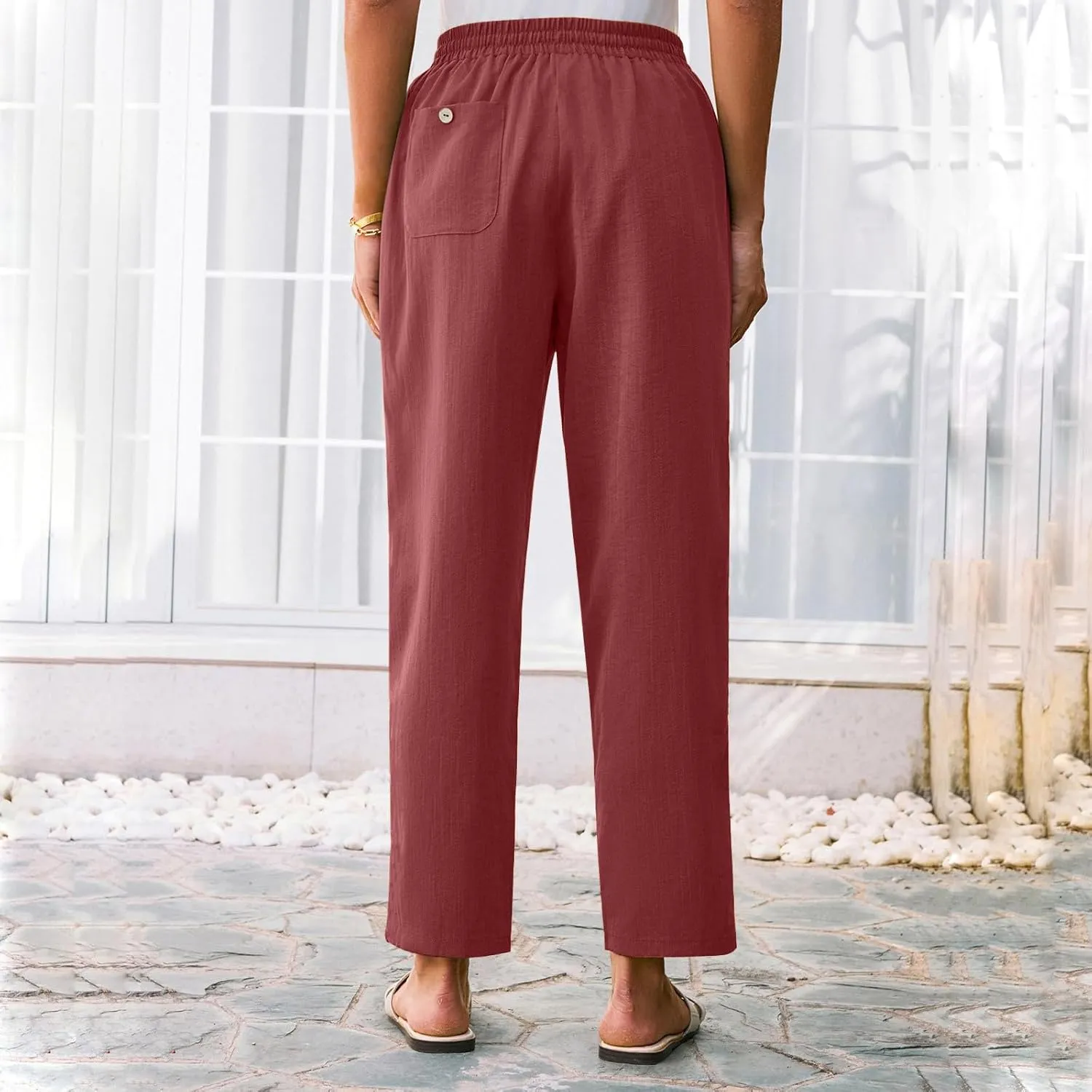 Linen Pants Women Summer,Wide Leg Casual Cotton Linen Pants High Waisted Drawstring Lounge Pants Beach Trousers
