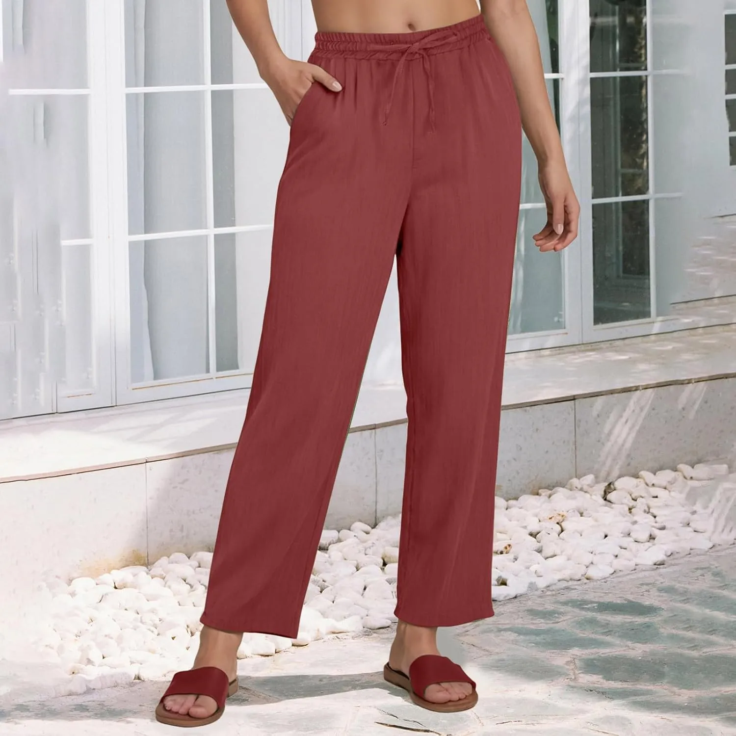 Linen Pants Women Summer,Wide Leg Casual Cotton Linen Pants High Waisted Drawstring Lounge Pants Beach Trousers