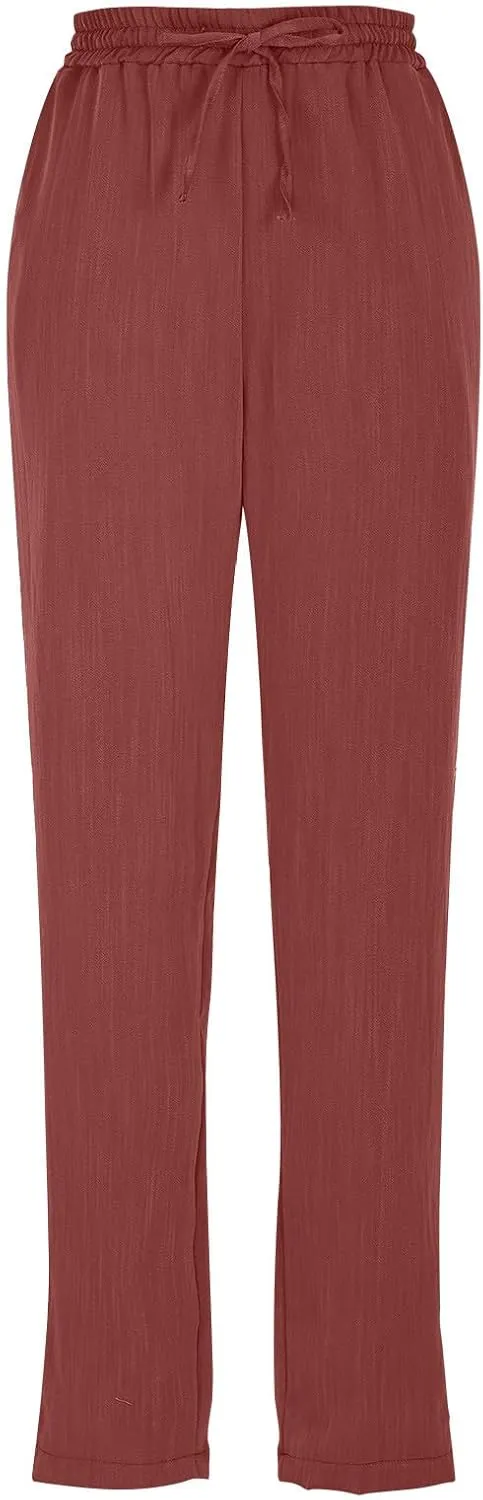 Linen Pants Women Summer,Wide Leg Casual Cotton Linen Pants High Waisted Drawstring Lounge Pants Beach Trousers