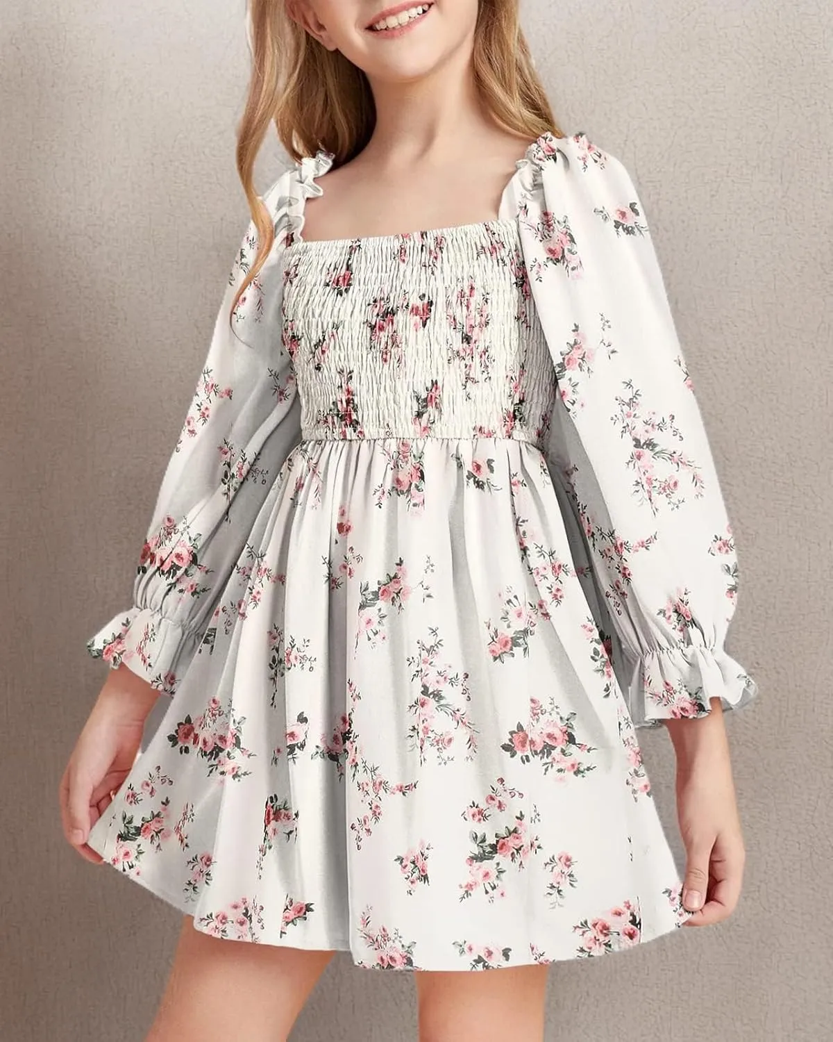 Little Girls Kids Summer Chiffon Ruffle Mini Dress Square Neck Lantern Sleeve Short Dress Tulle Smocked