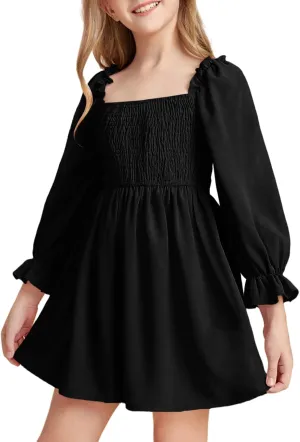 Little Girls Kids Summer Chiffon Ruffle Mini Dress Square Neck Lantern Sleeve Short Dress Tulle Smocked