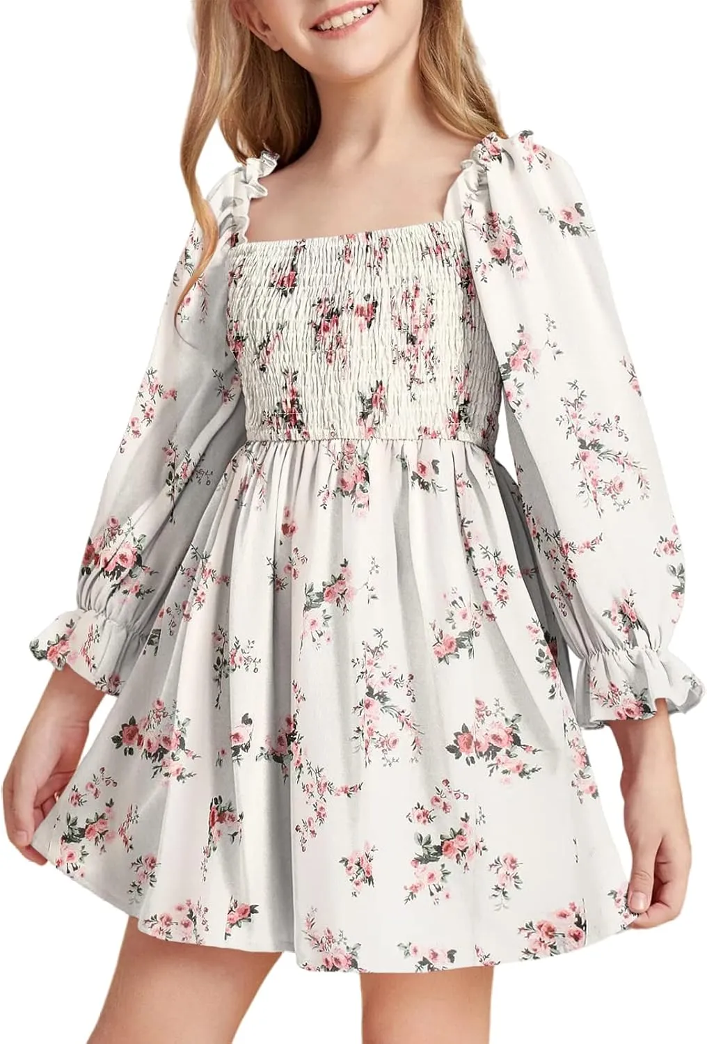 Little Girls Kids Summer Chiffon Ruffle Mini Dress Square Neck Lantern Sleeve Short Dress Tulle Smocked