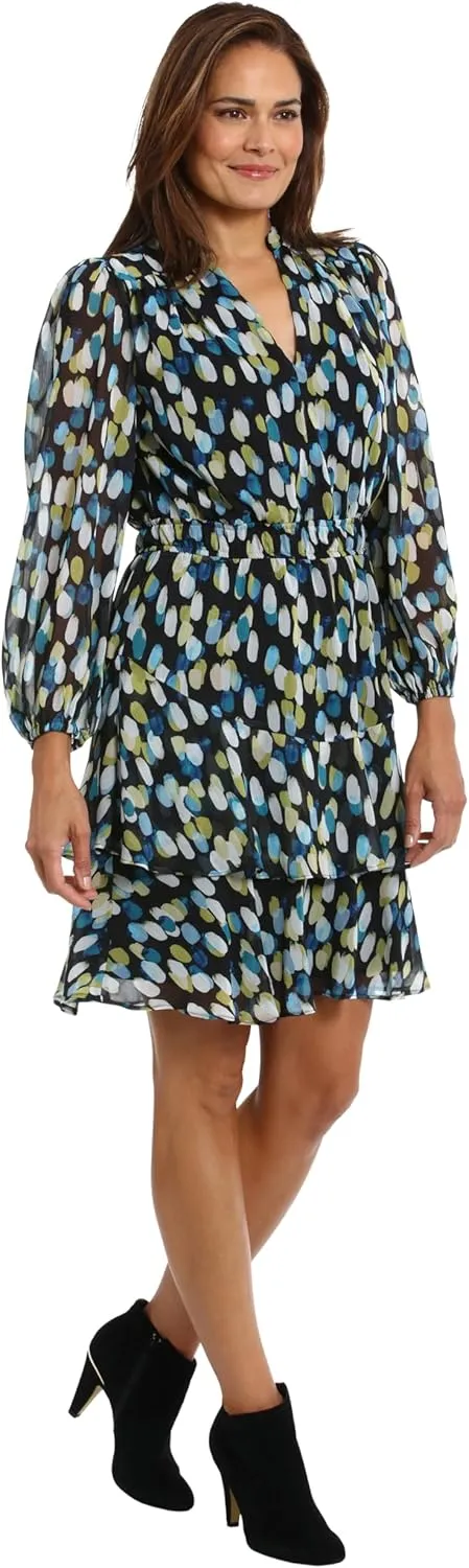 London Times womens Elastic Waist Blouson Waist Bishop Sleeve Feminine Flattering Versatile Dress