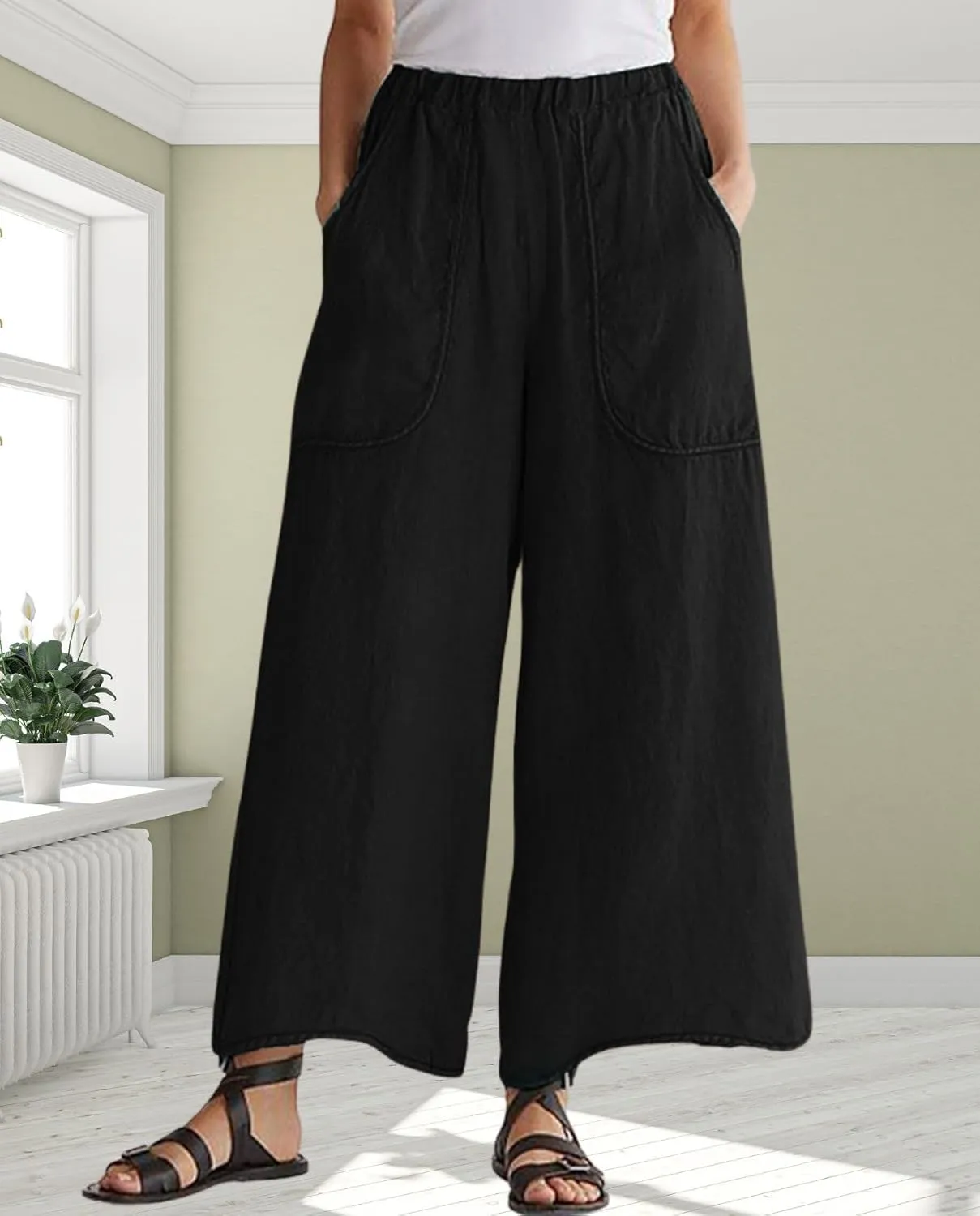 Long Pants for Womens High Waisted Straight Wide Leg Trousers Casual Loose Elastic Waist Palazzo Pants