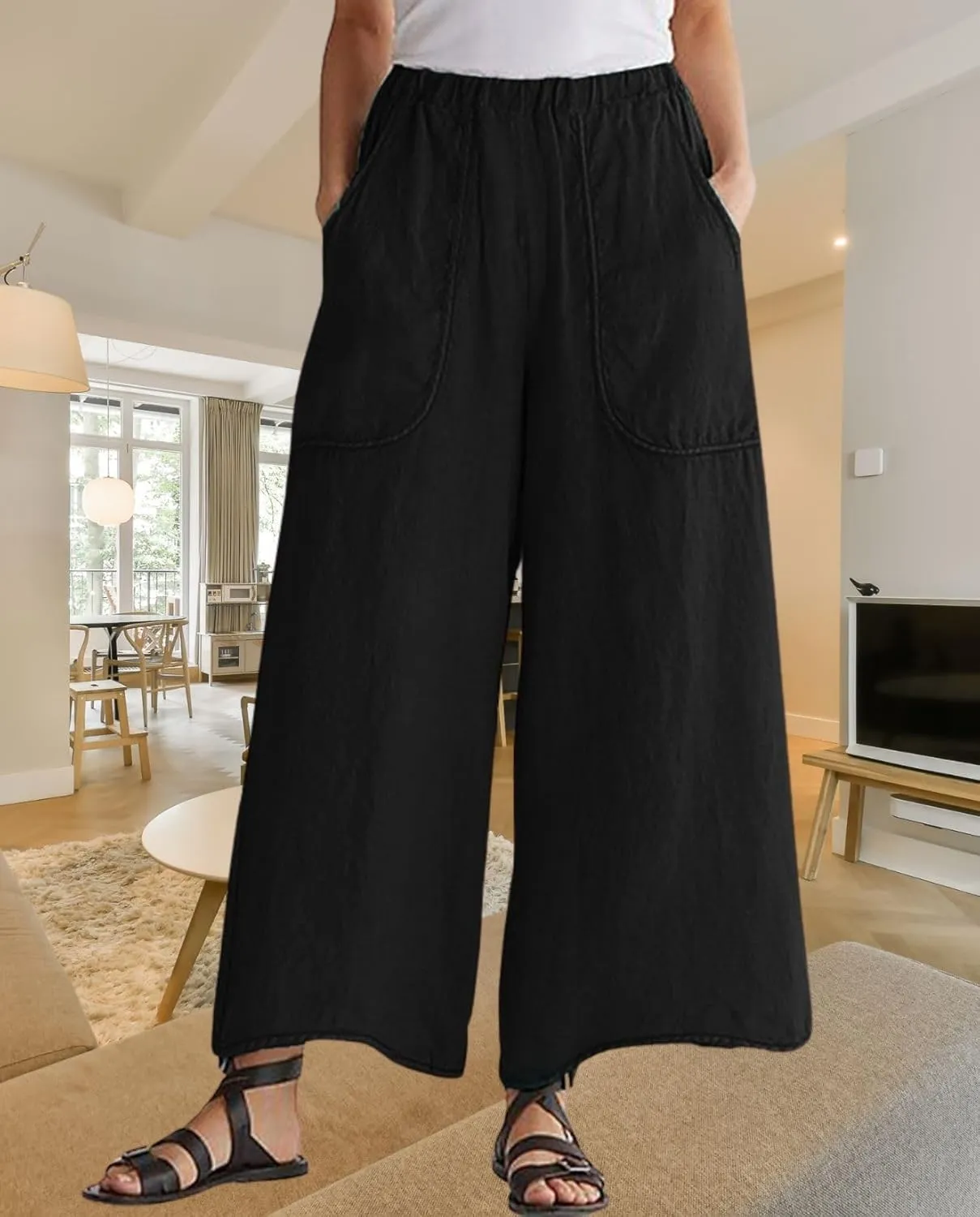 Long Pants for Womens High Waisted Straight Wide Leg Trousers Casual Loose Elastic Waist Palazzo Pants