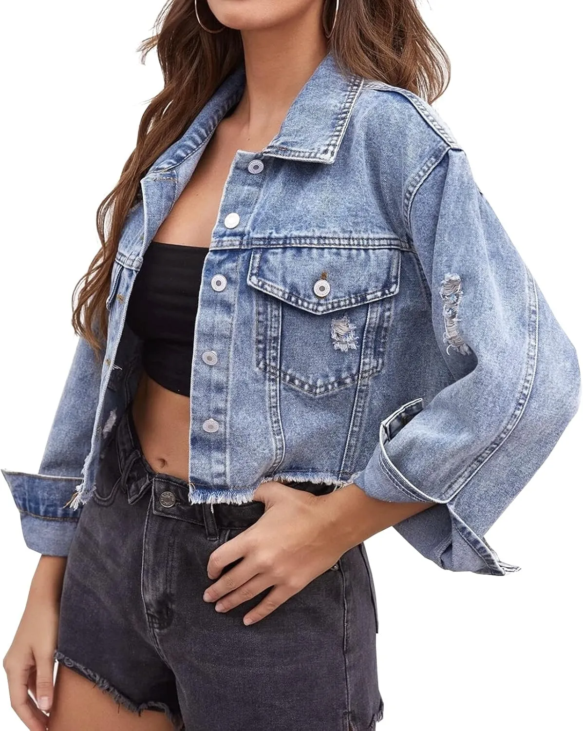 LONGYIDA Women's Cropped Denim Jacket | Distressed Button-Down Jean Jacket | Long Sleeve Ripped & Frayed Blue Coat