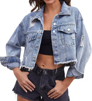 LONGYIDA Women's Cropped Denim Jacket | Distressed Button-Down Jean Jacket | Long Sleeve Ripped & Frayed Blue Coat