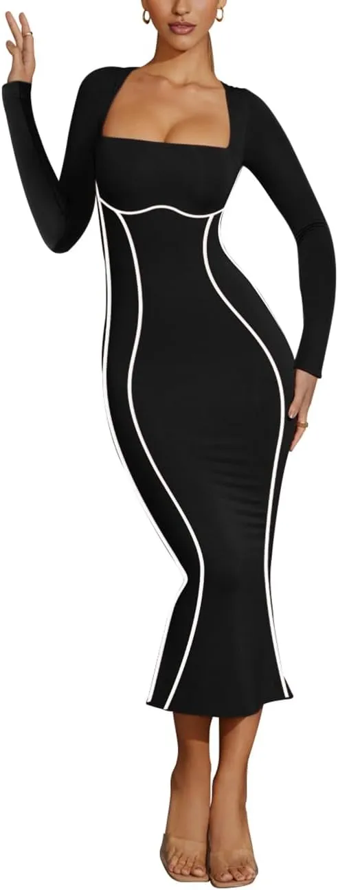 Lrady Women's Square Neck Dresses Long Sleeve Contrast Binding Split Bodycon Mermaid Evening Cocktail Party Dress