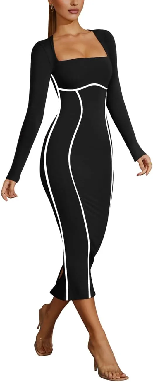 Lrady Women's Square Neck Dresses Long Sleeve Contrast Binding Split Bodycon Mermaid Evening Cocktail Party Dress