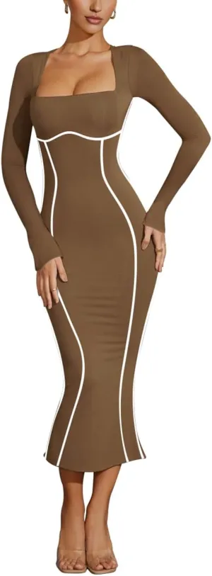 Lrady Women's Square Neck Dresses Long Sleeve Contrast Binding Split Bodycon Mermaid Evening Cocktail Party Dress
