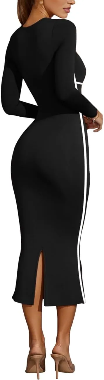 Lrady Women's Square Neck Dresses Long Sleeve Contrast Binding Split Bodycon Mermaid Evening Cocktail Party Dress