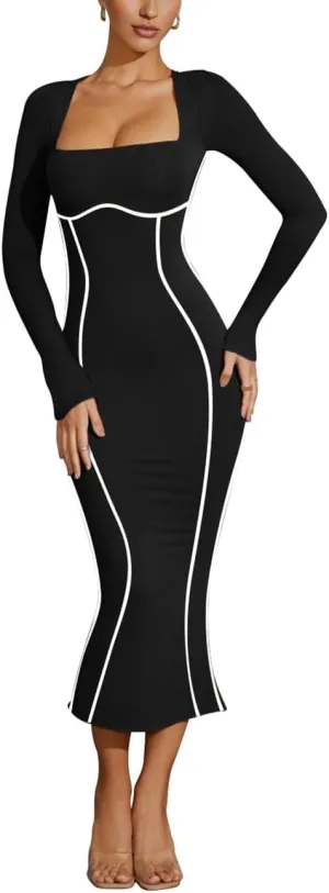 Lrady Women's Square Neck Dresses Long Sleeve Contrast Binding Split Bodycon Mermaid Evening Cocktail Party Dress