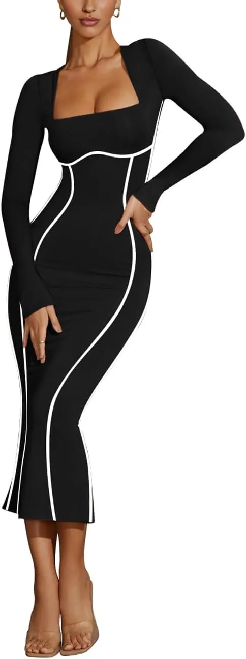 Lrady Women's Square Neck Dresses Long Sleeve Contrast Binding Split Bodycon Mermaid Evening Cocktail Party Dress