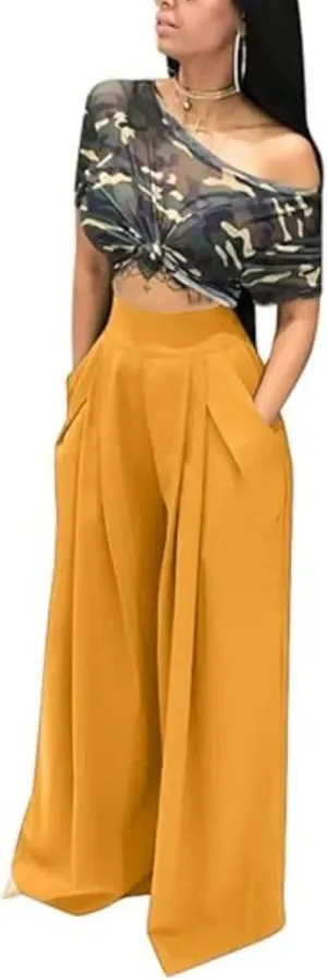LROSEY Women Casual Stretchy Wide Leg Palazzo Pants with Pockets Flowy Dress Pants High Waisted Trousers