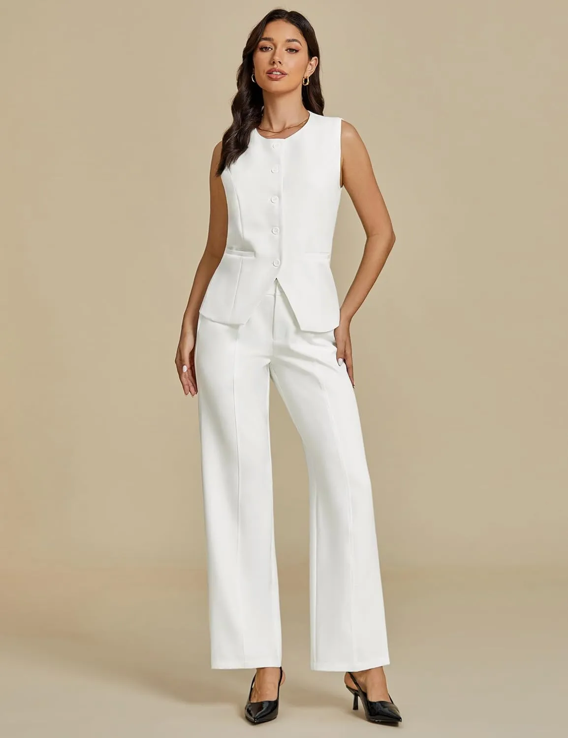 luvamia Vest Pants Suits for Women Dressy 2 Piece Business Casual Outfits Sleeveless Blazer Wide Leg Pants Pantsuit Sets