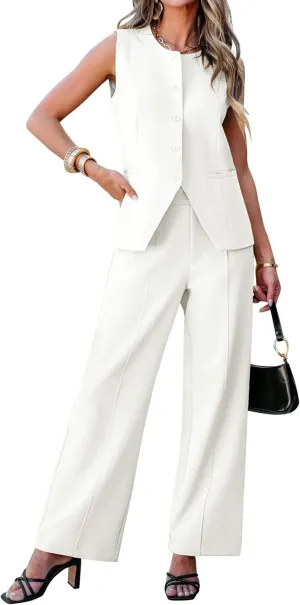 luvamia Vest Pants Suits for Women Dressy 2 Piece Business Casual Outfits Sleeveless Blazer Wide Leg Pants Pantsuit Sets