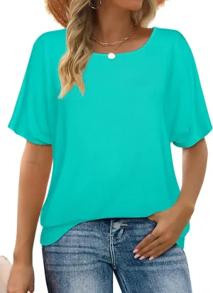 Lyrur Women's Short Sleeve Boat Neck Knit Loose Fit Tops 2025 Summer Basic Casual T Shirt Blouse with Banded Bottom