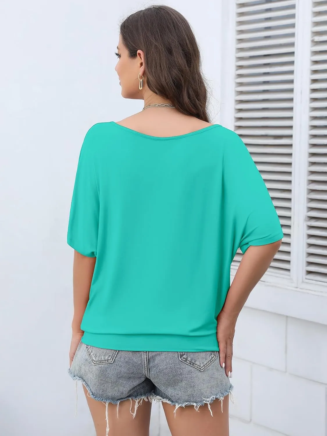Lyrur Women's Short Sleeve Boat Neck Knit Loose Fit Tops 2025 Summer Basic Casual T Shirt Blouse with Banded Bottom