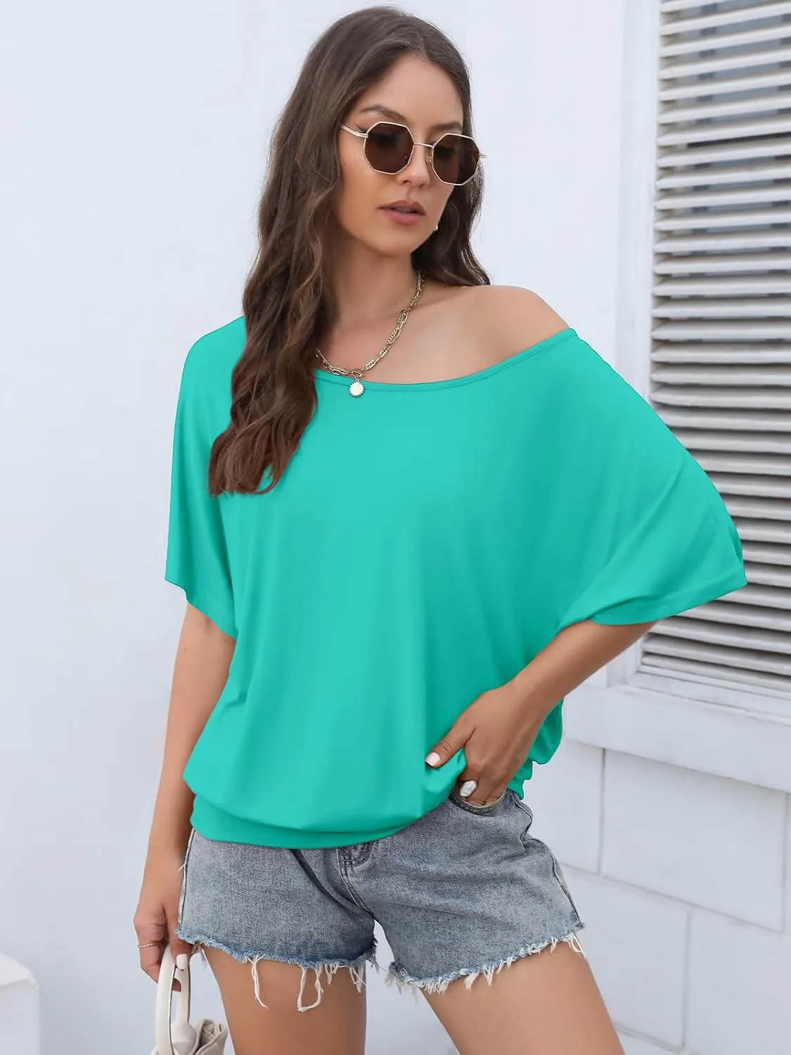Lyrur Women's Short Sleeve Boat Neck Knit Loose Fit Tops 2025 Summer Basic Casual T Shirt Blouse with Banded Bottom