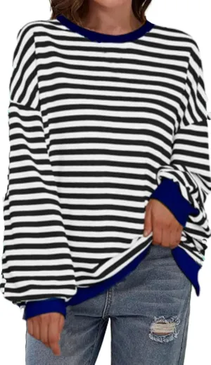 MAGICMK Womens Oversized Sweatshirt Long Sleeve Striped Crewneck Hoodies Shirts Trend Preppy Fall Women pullover tops