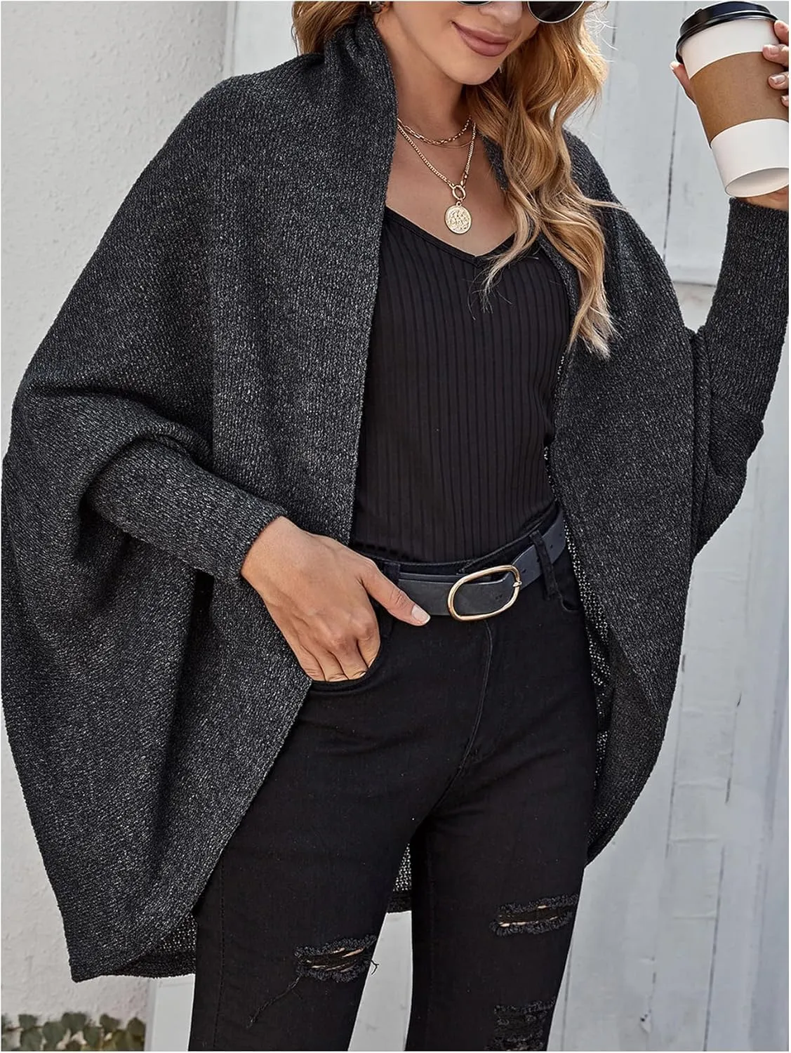 MakeMeChic Women's Casual Solid Dolman Sleeve Cardigan Sweater Open Front Asymmetrical Hem Knitted Coat
