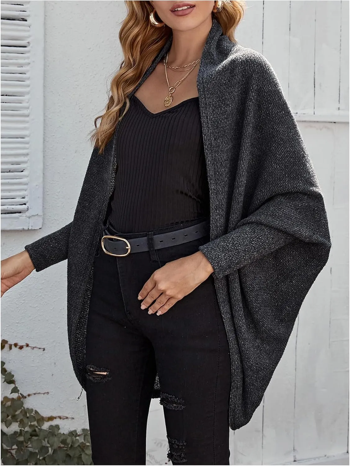 MakeMeChic Women's Casual Solid Dolman Sleeve Cardigan Sweater Open Front Asymmetrical Hem Knitted Coat