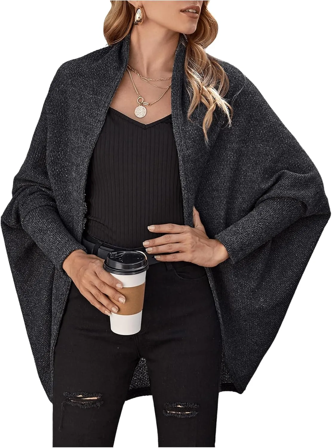 MakeMeChic Women's Casual Solid Dolman Sleeve Cardigan Sweater Open Front Asymmetrical Hem Knitted Coat