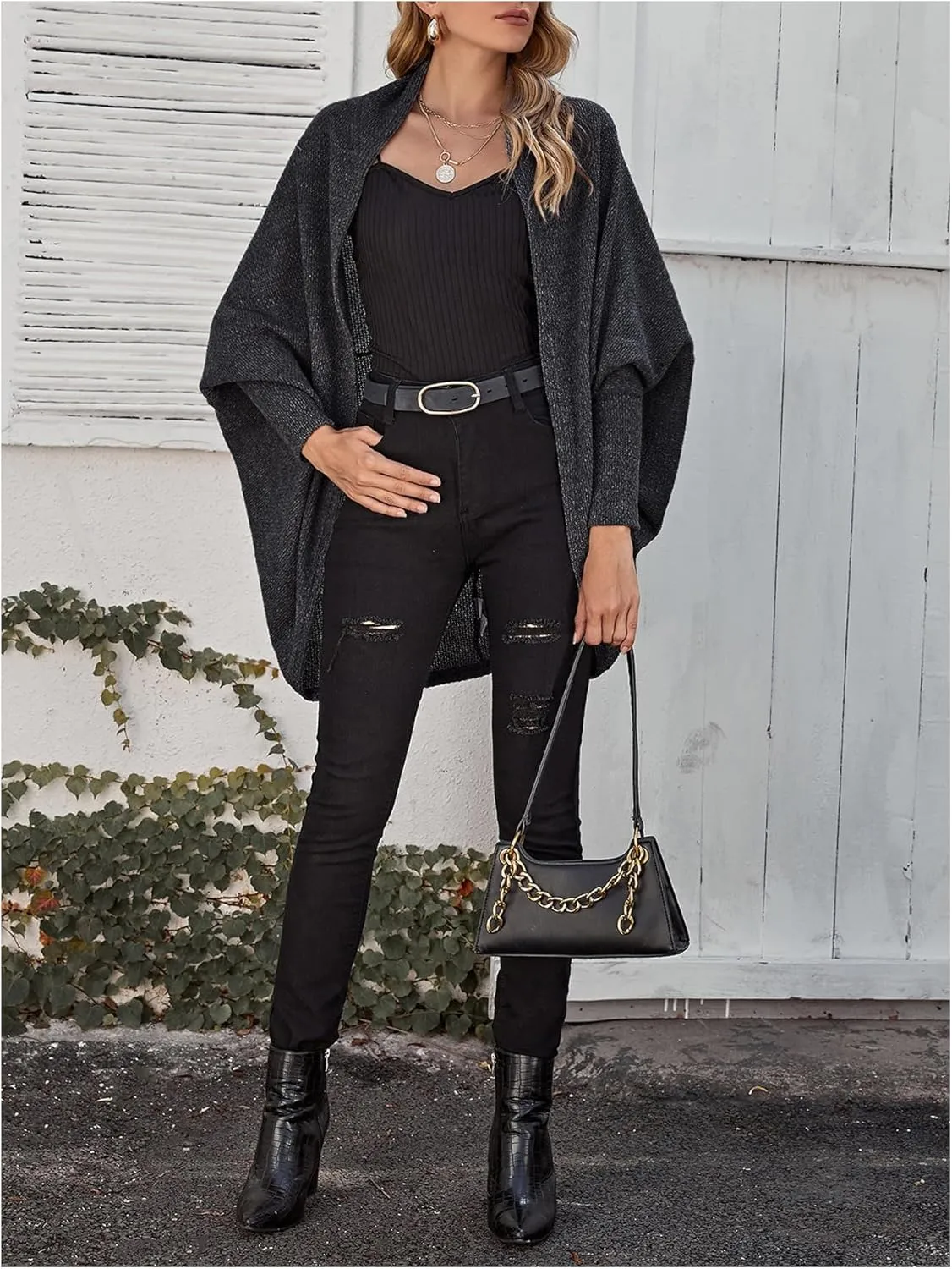 MakeMeChic Women's Casual Solid Dolman Sleeve Cardigan Sweater Open Front Asymmetrical Hem Knitted Coat