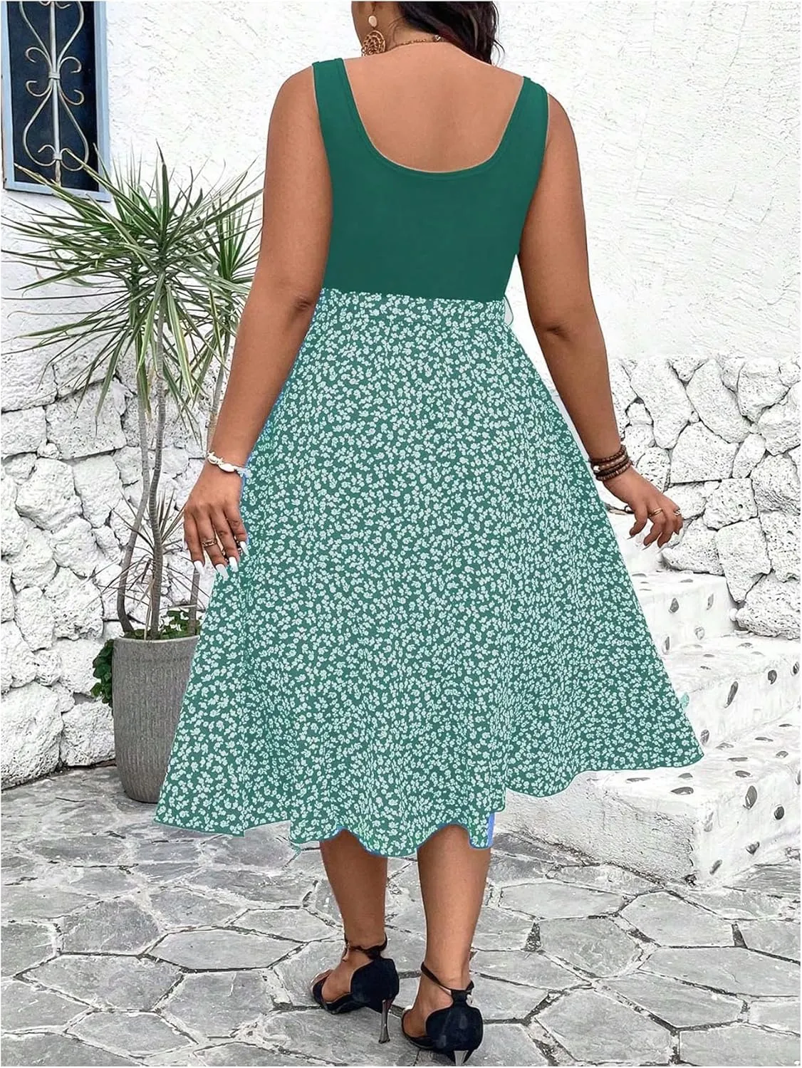 MakeMeChic Women's Plus Size Floral Square Neck Sleeveless A Line Flare Midi Dresses Tank Dress