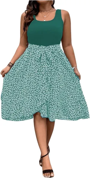 MakeMeChic Women's Plus Size Floral Square Neck Sleeveless A Line Flare Midi Dresses Tank Dress