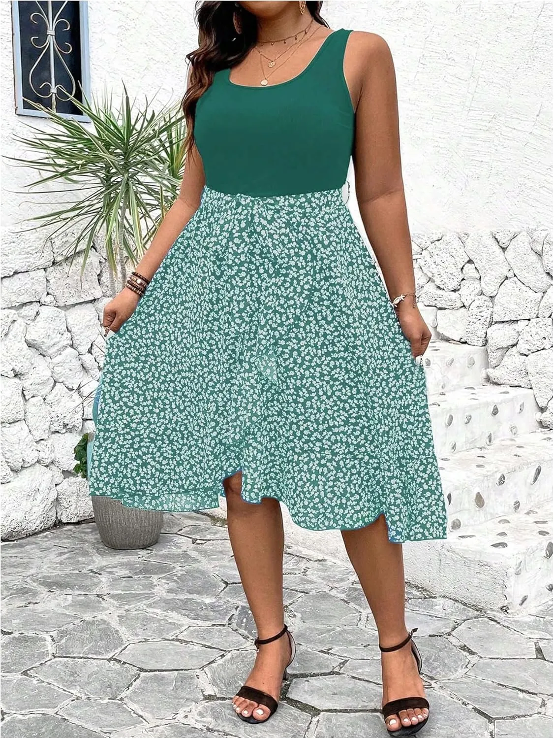 MakeMeChic Women's Plus Size Floral Square Neck Sleeveless A Line Flare Midi Dresses Tank Dress