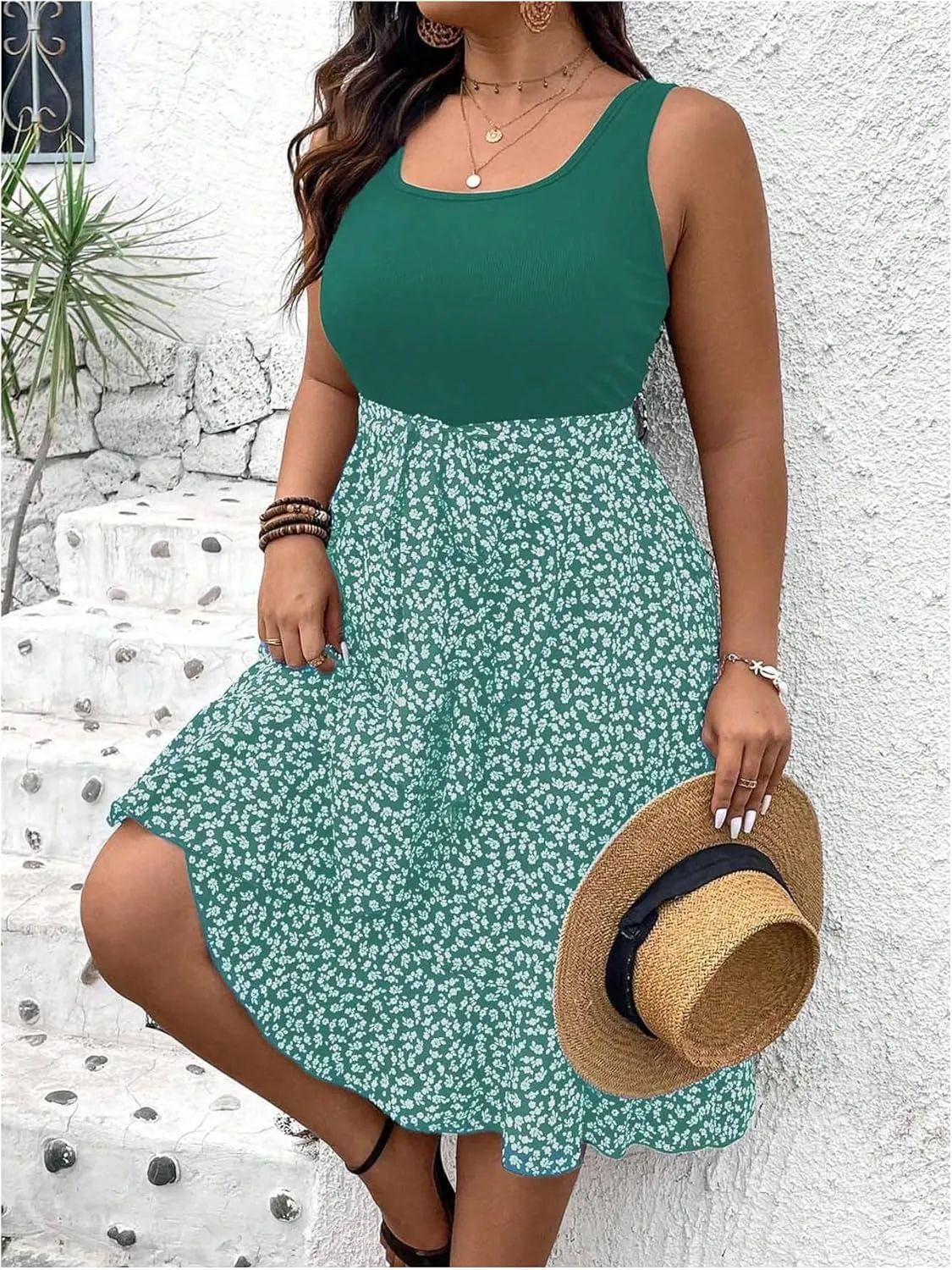 MakeMeChic Women's Plus Size Floral Square Neck Sleeveless A Line Flare Midi Dresses Tank Dress