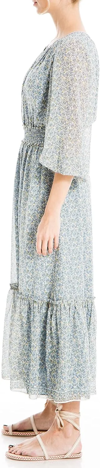 Max Studio Women's Long Sleeve Smocked Waist Button Top Maxi Dress