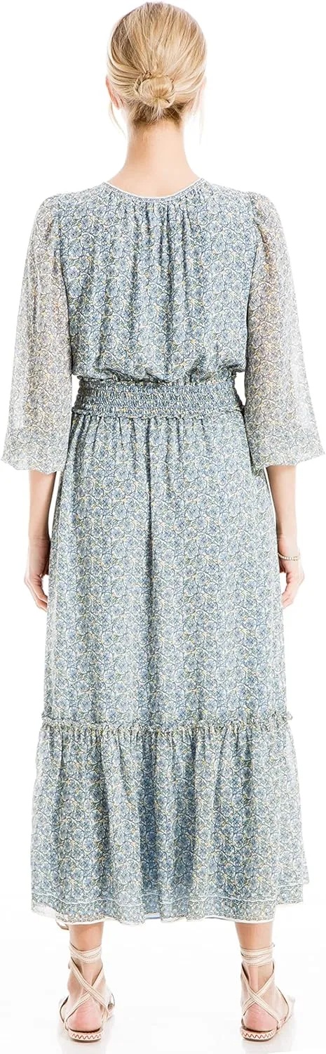 Max Studio Women's Long Sleeve Smocked Waist Button Top Maxi Dress